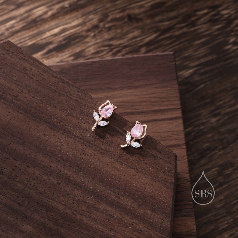 Pendientes de plata de ley con flor de tulipán CZ, plata, oro u oro rosa, pendientes de tulipán rosa, pendientes florales, pendientes de flores, naturaleza imagen 1