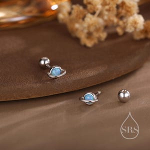 Tiny Blue Opal Planet Screw Back / Flat Back / Stud Earrings in Sterling Silver, Lab Opal Planet Earrings, Opal Saturn Earrings