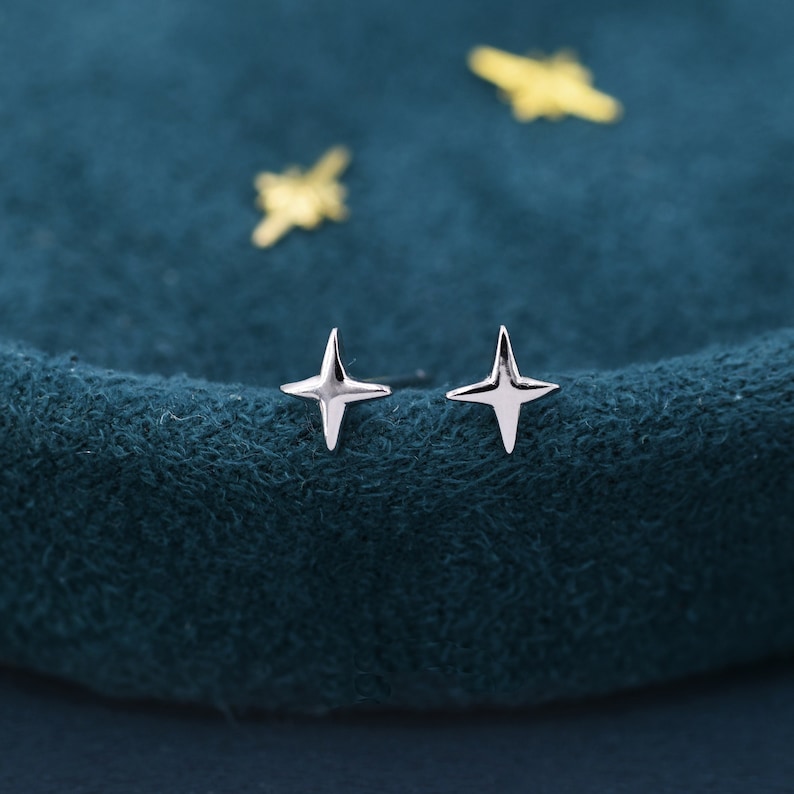 Four Point Star Stud Earrings in Sterling Silver, Tiny Celestial Stud, Polished or Textured, Gold or Silver image 1