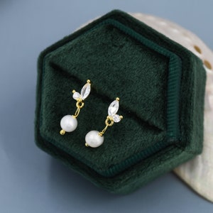 Marquise CZ Pair with Baroque Pearl Dangle Earrings in Sterling Silver, Delicate Keshi Pearl Drop Earrings, Genuine Freshwater Pearls image 6