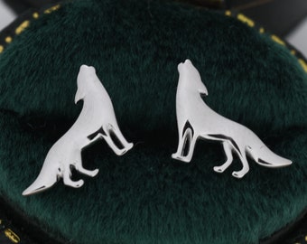 Howling Wolf Stud Earrings in Sterling Silver, Silver or Gold, Wolf Earrings, Nature Inspired Animal Earrings