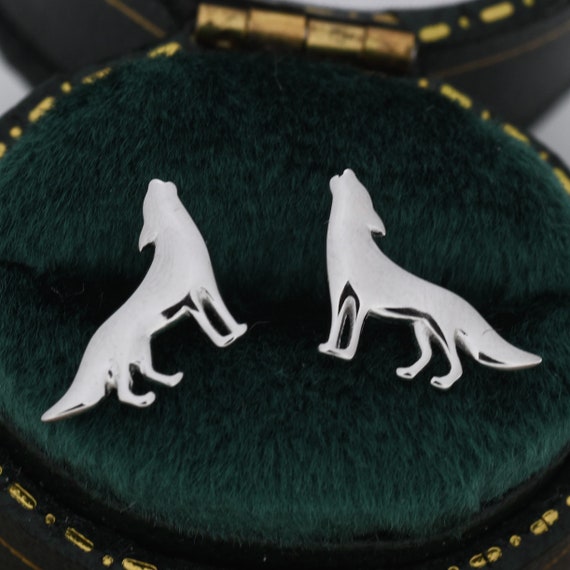 Howling Wolf Stud Earrings in Sterling Silver, Silver or Gold