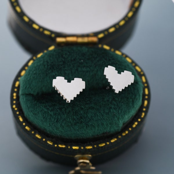 8 Bit Pixel Heart Stud Earrings in Sterling Silver, Silver, Gold or Rose Gold over Sterling Silver, 8-bit, Pixel Heart Earrings