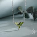 Green Enamel Lunar Moth Pendant Necklace in Sterling Silver, Moth Necklace, Silver Butterfly Necklace, Nature Inspired Animal Jewellery