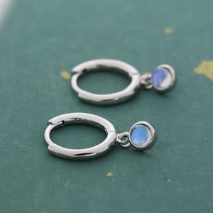 Sterling Silver Hoops with Tiny Dangling 3mm Moonstone, Very Small Lab Moonstone Charm Dangle Hoop Earrings, Silver or Gold