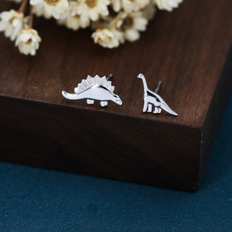 Mismatched Dinosaur Stud Earrings in Sterling Silver, Silver, Gold or Rose Gold, Asymmetric Stegosaurus and Brachiosaurus Dino Earrings image 5