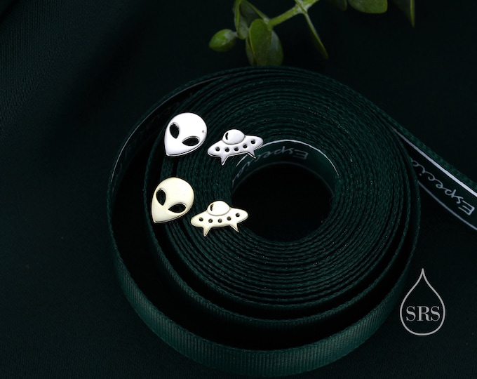 Alien and UFO Mismatched Stud Earrings in Sterling Silver, Silver or Gold, UFO Earrings, Fun and Quirky Jewellery