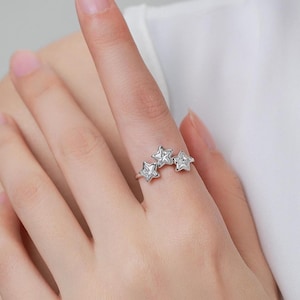 Sterling Silver Triple Star CZ Ring, Blue or Clear CZ Crystal Star Ring, Adjustable Size, Celestial Jewellery, CZ Star Ring