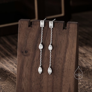 Clear CZ Mismatched Marquise Dangle Drop Stud Earrings in Sterling Silver, Silver or Gold, Pear Cut and Baguette Drop Earrings, Geometric CZ