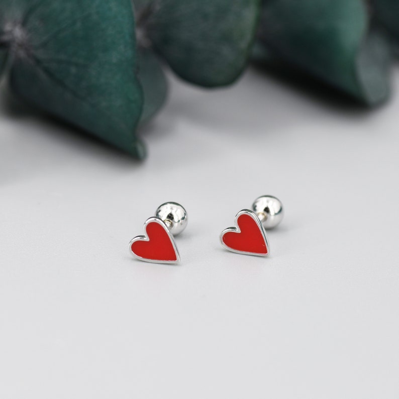 Red Enamel Heart Screwback Earrings in Sterling Silver, Silver or Gold, Delicate Heart Earrings, Heart Barbell Earrings, Screw Back image 2