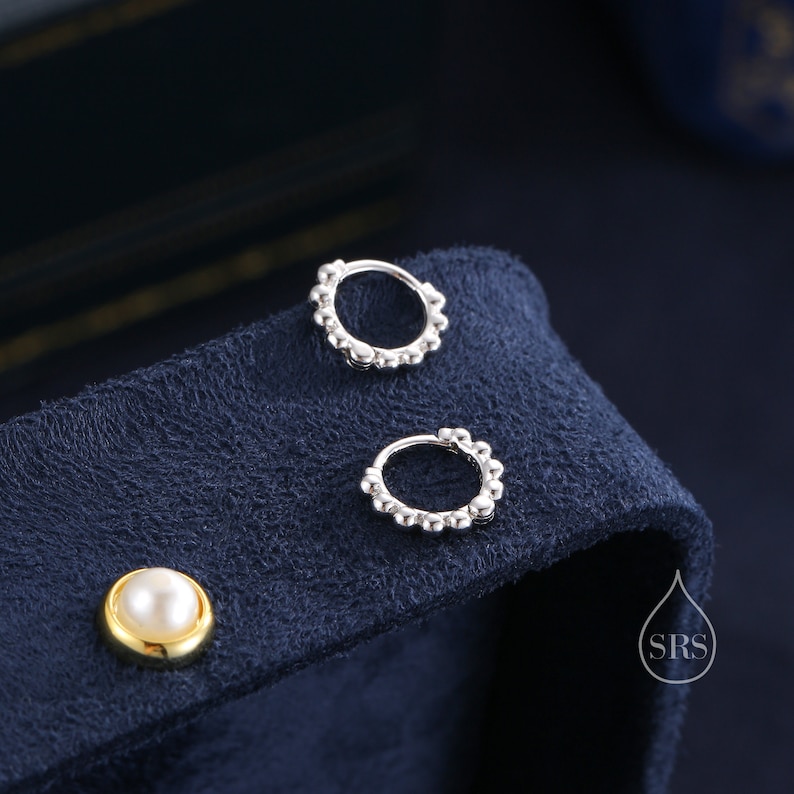 Sterling Silver Huggie Hoop Earrings, Pebble Circle Round Earrings, Minimalist Geometric Design L86 image 1