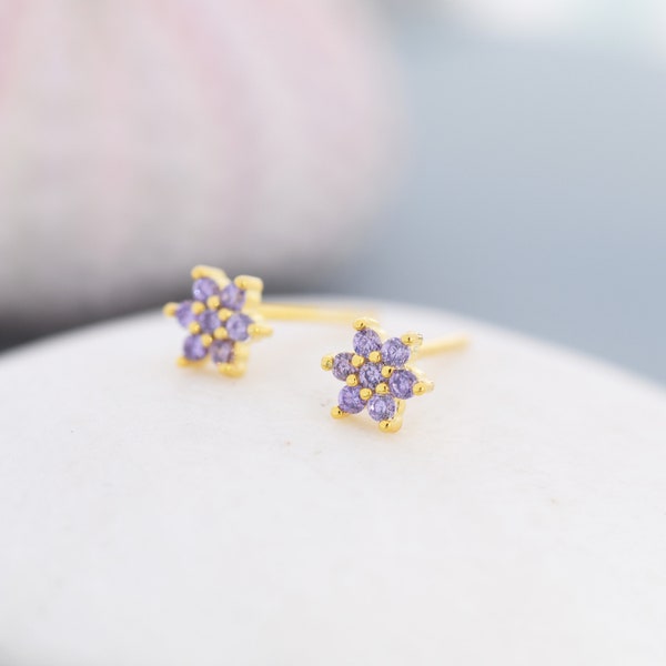 Pair of Very Tiny Amethyst Purple CZ Flower Stud Earrings in Sterling Silver, Silver or Gold, Crystal Flower Earrings, Stacking Earrings