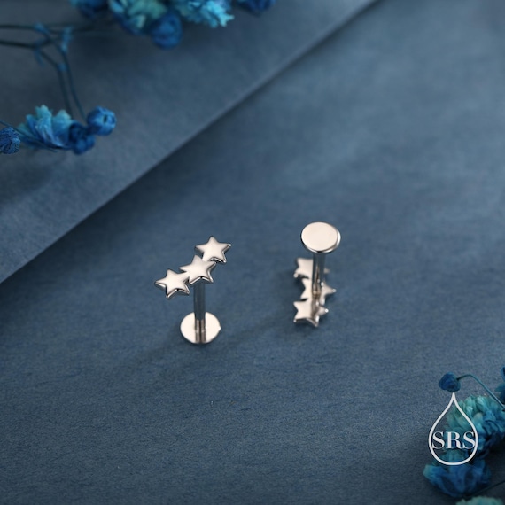 Star Trio Internally Threaded Flat Back / Screw Back / Stud Earrings in Sterling Silver, Silver or Gold or Rose Gold, Three Star Earrings