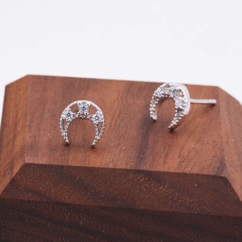 Small Pair of Crescent Moon Stud Earrings with CZ Crystals in Etsy