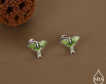 Lunar Moth Enamel 16G Internally Threaded Flat Back Earrings in Sterling Silver, Animal Earrings