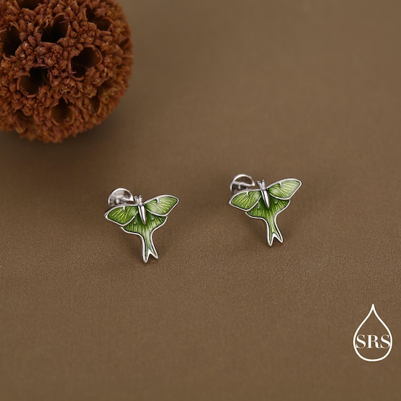 Lunar Moth Enamel 16G Internally Threaded Flat Back Earrings in Sterling Silver, Animal Earrings