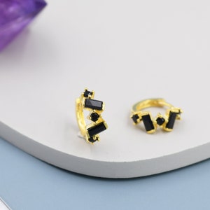 Onyx Black Baguette CZ Cluster Huggie Hoop in Sterling Silver, Silver or Gold, Geometric Hoop Earrings, Irregular Shaped