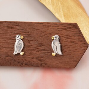 Puffin Bird Stud Earrings in Sterling Silver Gold and Silver Two Tone Cute, Fun, Whimsical and Pretty Jewellery image 7