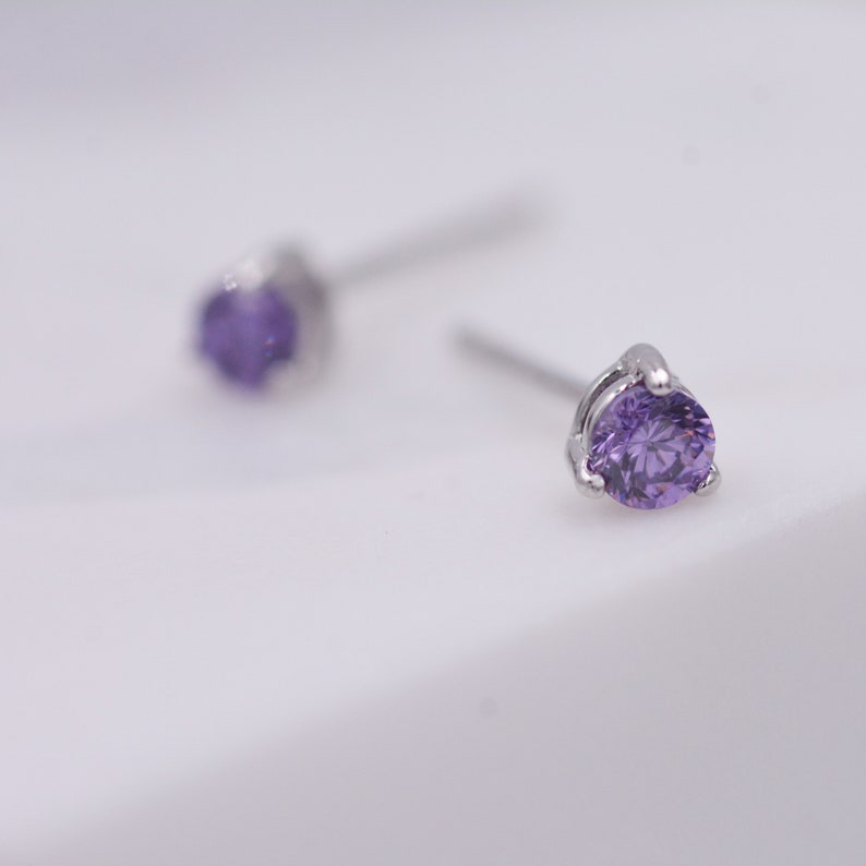 6mm Purple CZ Amethyst Stud Earrings – 925 Sterling Silver, Prong Set, Handmade