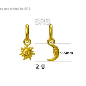 Dangling Sun and Moon with Face Hoop in Sterling Silver, Mismatched Pair, Silver or Gold, Sun Face Earrings, Detachable and Interchangeable image 10