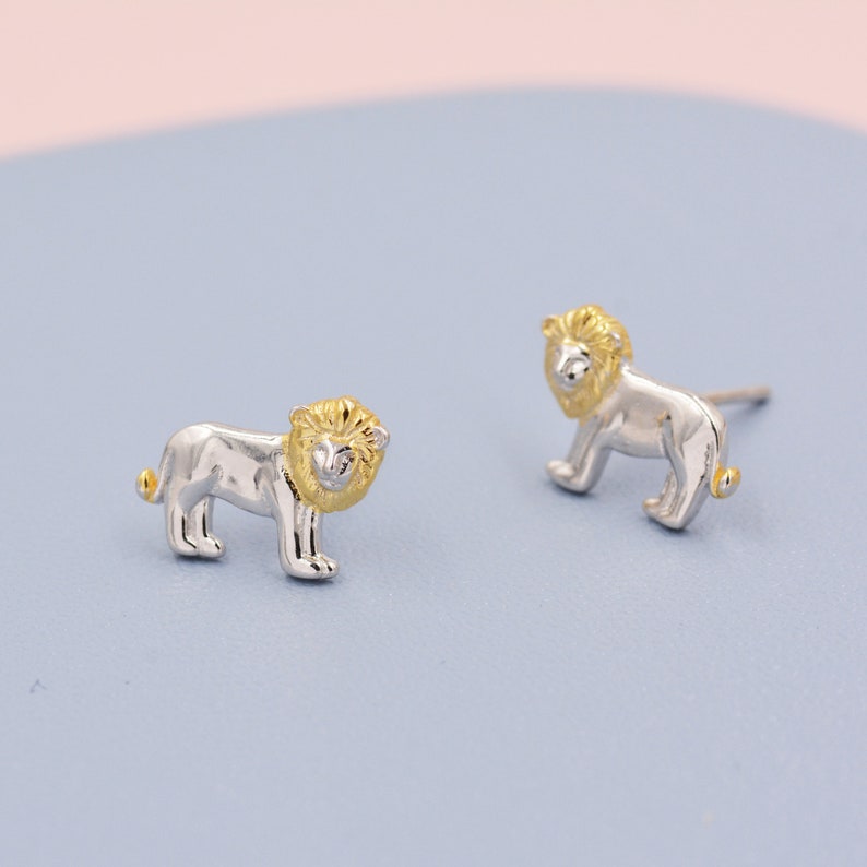 Tiny Little Lion Stud Earrings in Sterling Silver Two Tone Gold and Silver Earrings Cute Animal Earrings Fun, Whimsical image 6