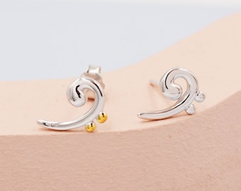 Bass Clef Music Note Stud Earrings in Sterling Silver - Small Pair of Music Earrings