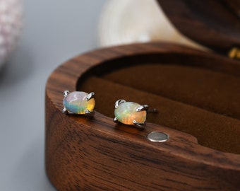 Genuine Ethiopian Opal Stone Oval Stud Earrings in Sterling Silver, 4x6mm Prong Set Opal Stud, Natural Semi-Precious Gemstones