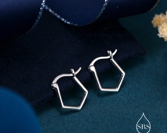 Pentagon Shape Huggie Hoop Earrings in Sterling Silver, Silver or Gold, Geometric Hexaogon, Polygon Shape Hoop Earrings.