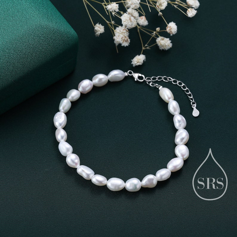 Pulsera de perlas barrocas de plata de ley, plata u oro, perlas genuinas de agua dulce, pulsera de perlas naturales imagen 1
