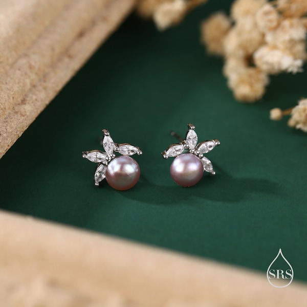 Orecchini a bottone con perle d'acqua dolce autentiche e zirconi cubici a taglio marquise in argento sterling, disponibili in tre colori di perle, orecchini con perle delicate e zirconi cubici