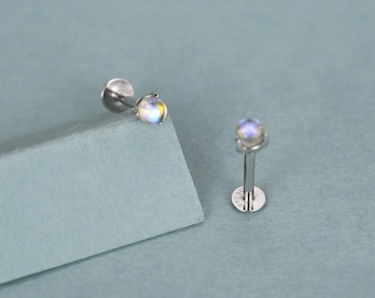 Sterling Silver Moonstone 16G Flat Back Labret Earrings