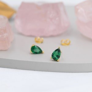 Sterling Silver Emerald Green Droplet Stud Earrings, Pear Cut Emerald Earrings, May Birthstone CZ Earrings, Silver, Gold or Rose Gold image 6