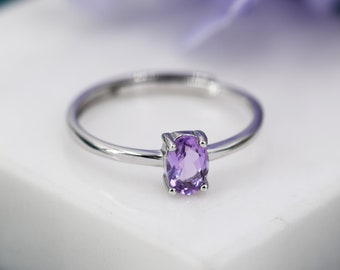 Natural Amethyst Oval Ring in Sterling Silver,  4x6mm, Prong Set Oval Cut, Adjustable Size, Genuine Amethyst Ring, February Birthstone