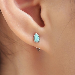Aqua Green Droplet Opal Huggie Hoop Earrings in Sterling Silver, Opal Open Hoops, Opal Pull Through Threaders, Half Hoops, C Shape Hoops