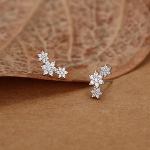 Pode incluir: Um par de brincos de prata. Cada brinco apresenta um grupo de pequenas pedras preciosas claras e brilhantes dispostas em um design floral. Os brincos são colocados em um fundo marrom quente.