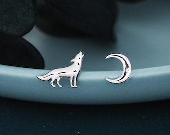 Mismatched Wolf and Moon Stud Earrings in Sterling Silver, Asymmetric Wolf and Crescent Moon Earrings