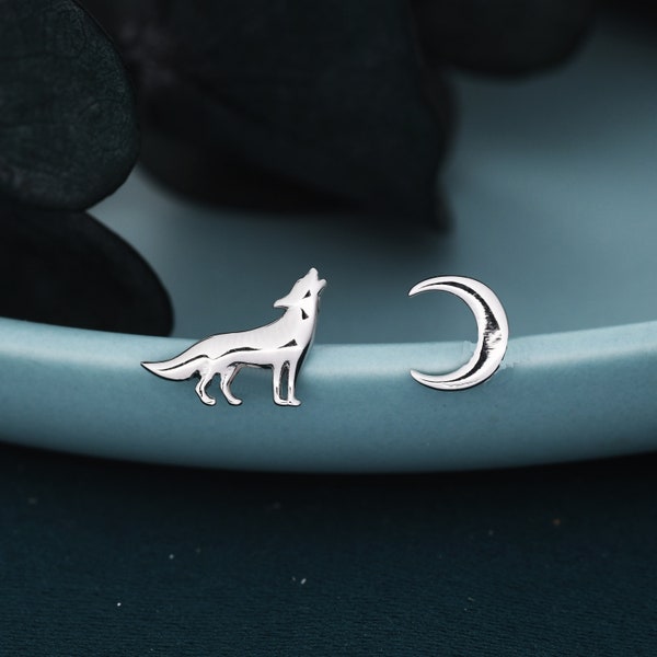 Mismatched Wolf and Moon Stud Earrings in Sterling Silver, Asymmetric Wolf and Crescent Moon Earrings