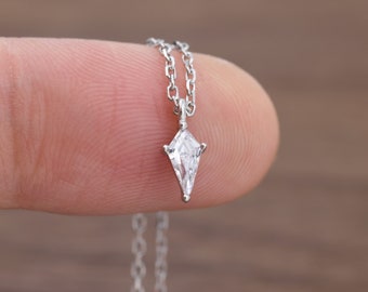 Extra Tiny Rhombus Kite CZ Necklace in Sterling Silver,  Silver or Gold, Tiny Diamond Necklace, Tiny Dagger Necklace