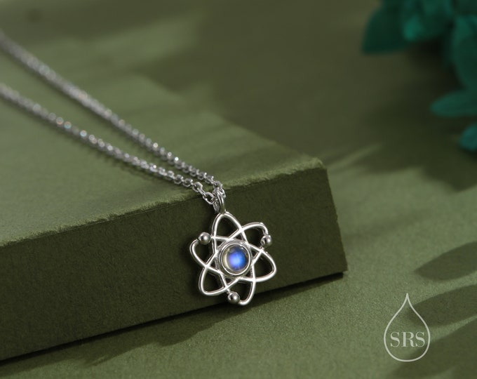 Atom Pendant Necklace Sterling Silver with Simulated Moonstone, Silver or Gold or Rose Gold, Atom Necklace, Science Jewellery,Scientist Gift