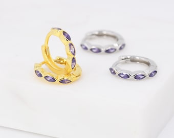 Amethyst Purple Marquise CZ Huggie Hoop in Sterling Silver, Silver or Gold, Minimalist Simple Lilac Hoop Earrings