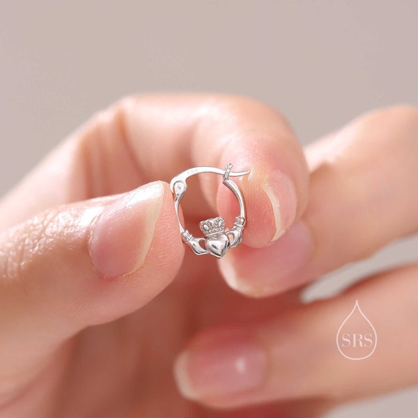 Sterling Silver Claddagh Hoop Earrings,  Two Sizes, Silver or Gold or Rose Gold, Dainty Irish Claddagh Hoop Earrings