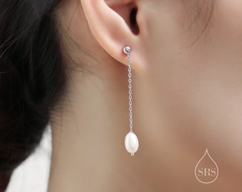 Genuine Freshwater Pearl Long Drop Earrings in Sterling Silver, Delicate Keshi Pearl Earrings, Pearl Stud Dangle Earrings