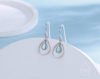 Opal Droplet Drop Hook Earrings in Sterling Silver, Aqua Green Opal or White Opal, Delicate Lab Opal Geometric Earrings, Droplet Earrings