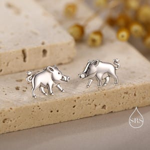 Peut inclure: Une paire de boucles d'oreilles clous en forme de sanglier argenté. Chaque boucle d'oreille représente un sanglier détaillé avec des défenses visibles et une queue enroulée. Les boucles d'oreilles sont présentées sur une surface texturée et claire.