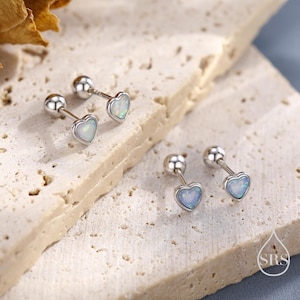 White Opal Heart Screw back / Flat Back / Stud Earrings in Sterling Silver, Lab Opal Heart Earrings, Heart Screwback Earrings, Fire Opal