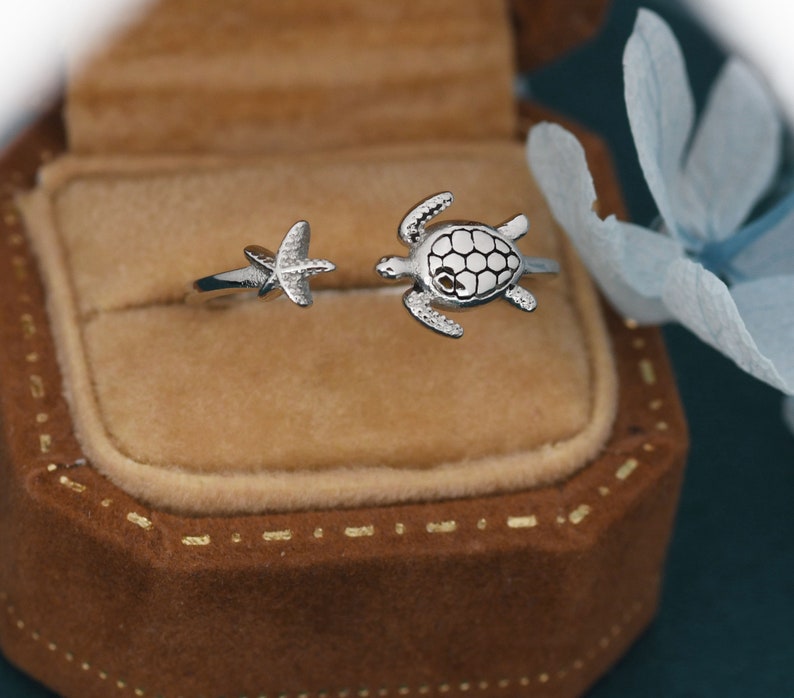 Turtle and Starfish Open Ring in Sterling Silver Adjustable - Etsy UK