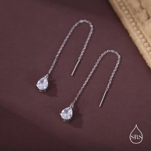 CZ Droplet Threader Örhängen i sterlingsilver, silver eller guld, Päronskurna CZ Långa Örhängen, Glittriga CZ Trädörhängen,