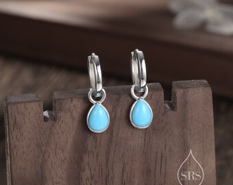 Orecchini Pendenti A Cerchio In Argento Con Turchese Naturale Blu, Chiusura A Gancio, Fatti A Mano