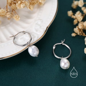 Pair of Plain Huggie Hoop Earrings in Sterling Silver with Detachable Baroque Pearl Charms,  Two Sizes Available, Simple Hoop Earrings