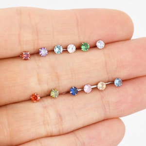 Sterling Silver Tiny Birthstone Stud Earrings, 3mm Birthstone CZ Earrings, Stacking Earrings 画像 6